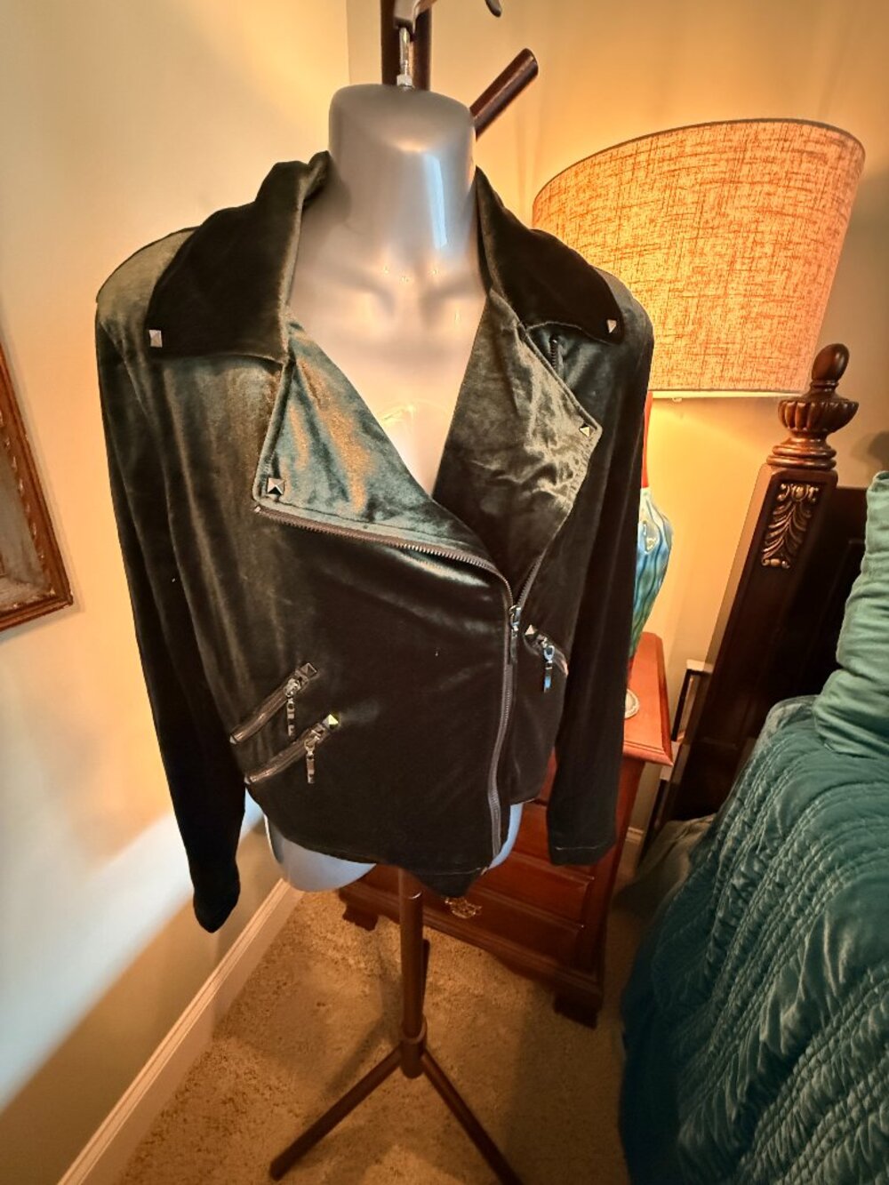 ✨ Belle Badgley Mischka Olive Green Velvet Studded Moto Jacket ✨